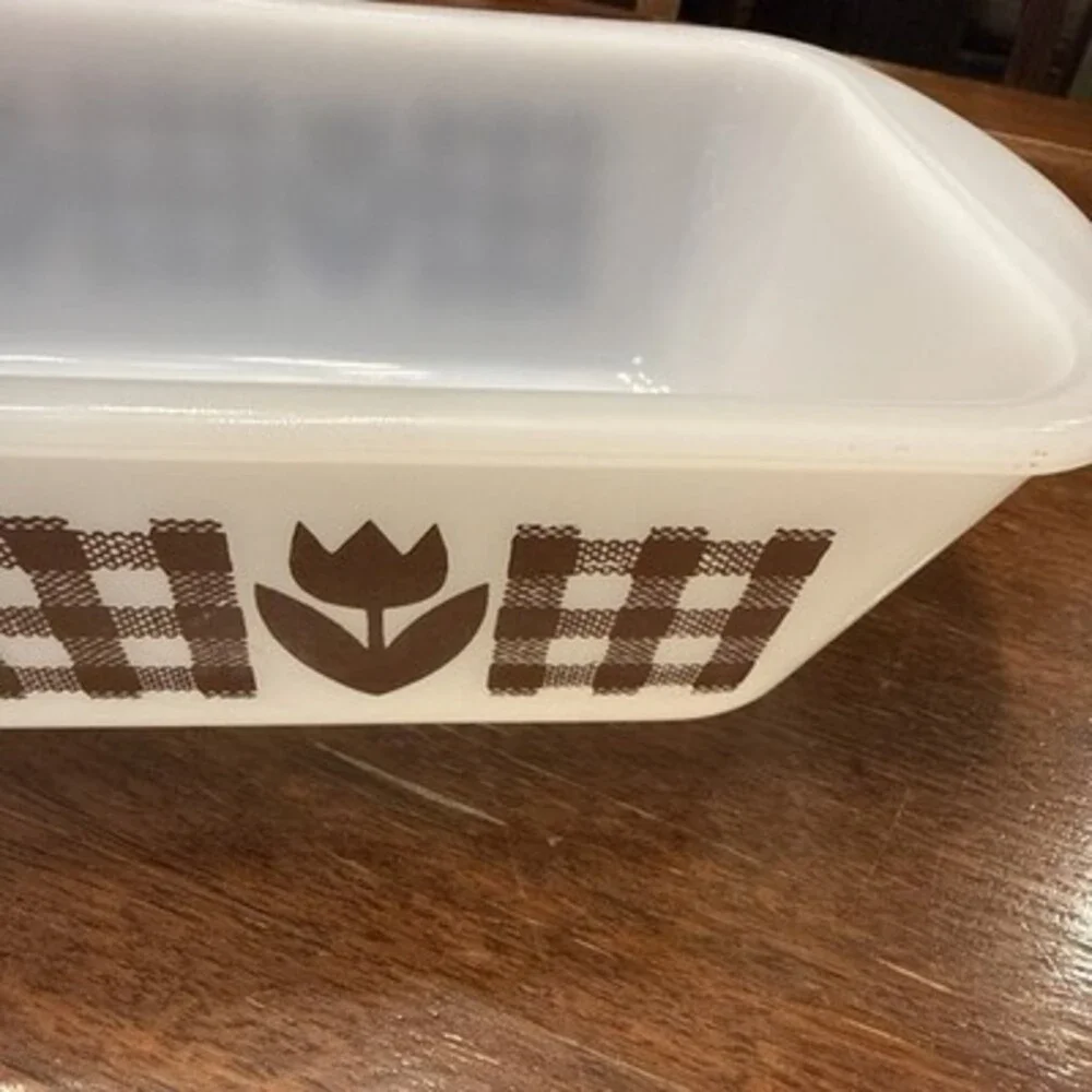 Vintage Glasbake 5x9  White Milk Glass Loaf Pan Brown Gingham Tulips